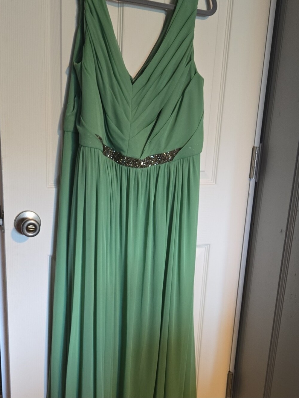 David's Bridal Sage Green V-Neck Sleeveless Maxi Dress with Beaded Waist